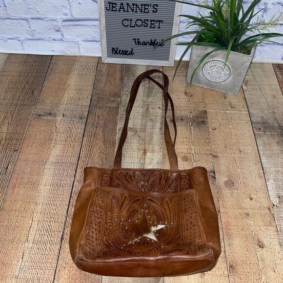 Texian Leathers tooled leather studded pony hair fur shoulder bag purse brown - Picture 9 of 13